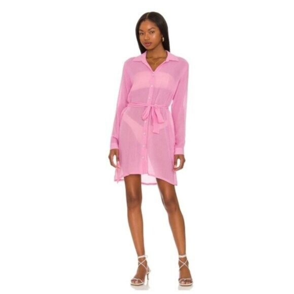 NWT LVHR Nikki Belted Button Down Shirt Cover Up S Pink Panther Oversized Bamboo - Picture 1 of 11